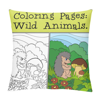Personality  Little Cute Hedgehog Looks At The Mushrooms. Pillow Covers