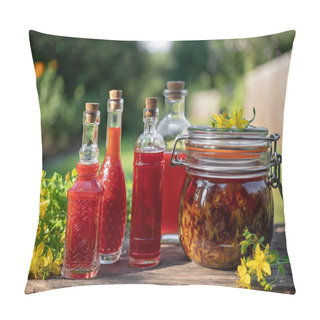 Personality  Bottles Of Oil Made From St. John's Wort Flowers, Outdoors Pillow Covers