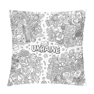 Personality  Ukraine Cartoon Raster Doodle Designs Set. Line Art Detailed Compositions With Lot Of Ukrainian Objects And Symbols. Pillow Covers