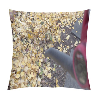 Personality  A Close-up Blower Blows Fallen Leaves In A Russian Courtyard 4k Pillow Covers