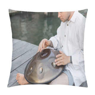 Personality  Barefoot Musician Playing Metal Hang Drum On Pier In Venice  Pillow Covers