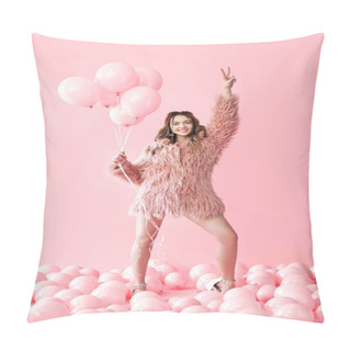 Personality  Full Length Portrait Of Happy Glamour Woman With Pink Balloons Showing Victory Sign Pillow Covers