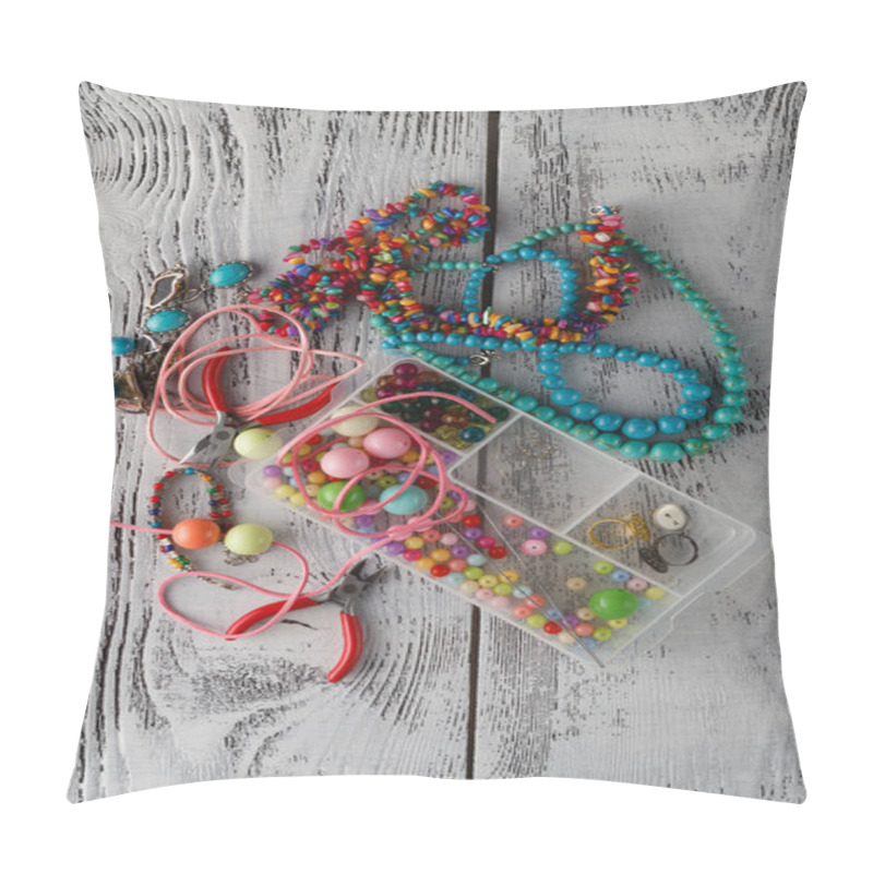 Personality  Box With Beads, Plier And Glass Hearts To Create Hand Made Jewel Pillow Covers