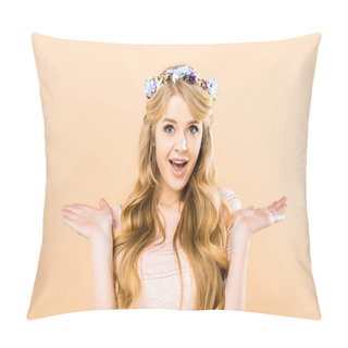 Personality  Amazing Woman In Colorful Floral Wreath Looking At Camera On Yellow Background Pillow Covers