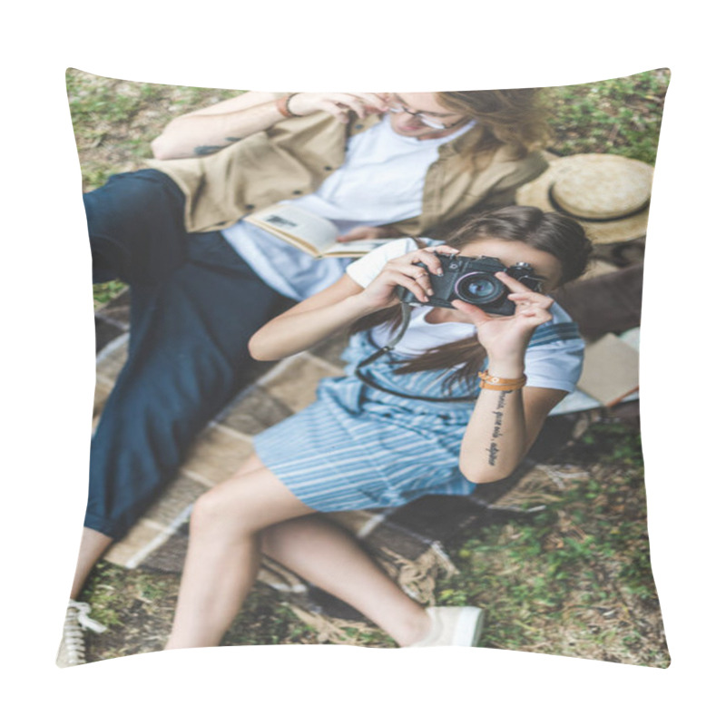 Personality  woman taking photo pillow covers