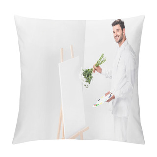 Personality  Close Up Of Male Artist In Total White Drawing On Blank Easel With Bouquet Of Flowers Pillow Covers