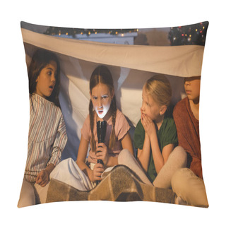 Personality  Girl Holding Flashlight Near Scared Friends Under Blanket During Christmas At Home  Pillow Covers