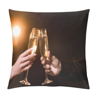 Personality  Cropped Shot Of Couple Clinking Glasses Of Champagne Under Golden Light Pillow Covers