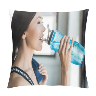Personality  Happy Woman Drinking Water While Holding Sport Bottle  Pillow Covers