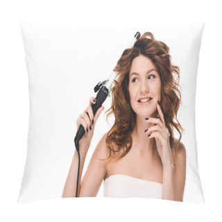 Personality  Cheerful Girl Touching Face And Curling Hair Isolated On White  Pillow Covers