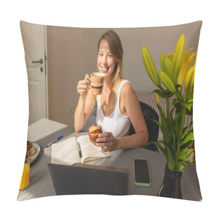 Personality  Positive Freelancer Holding Coffee And Croissant Near Devices And Flowers At Home  Pillow Covers