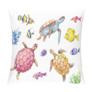 Personality  Set Of Sea Turtles, Marine Fish And Algae Watercolor Pillow Covers