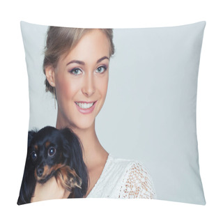 Personality  Young Smiling Woman And Puppy Dog On White Background, Closeup Portrait Pillow Covers