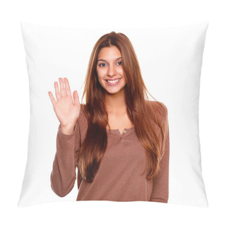 Personality  Young Woman Smiling And Saying Hello At You Pillow Covers