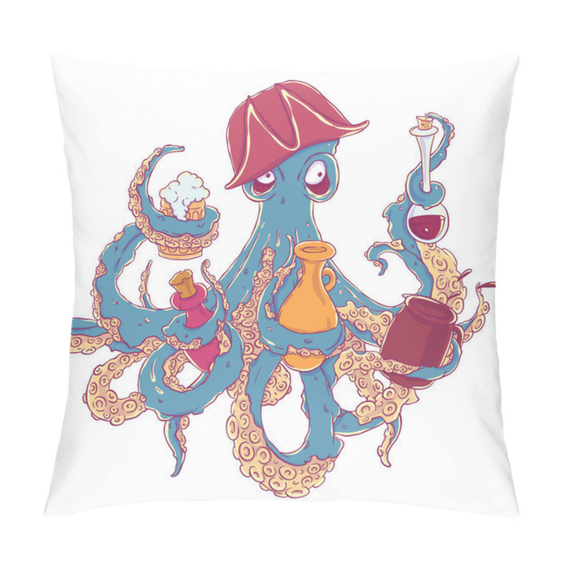 Personality  Drunk octopus-pirate with a drink in the tentacles. Drunkard in a cocked hat askew. Vector illustration isolated on white. T-shirt printing. pillow covers