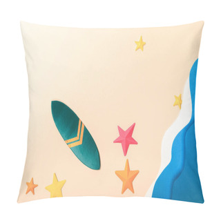 Personality  Top View Of Paper Beach With Starfishes And Surfboard On Sand Near Sea Pillow Covers