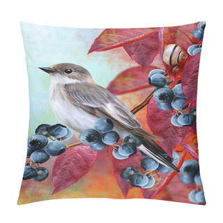 Personality  Little Gray Bird, Red Autumn Leaves, Twigs Of Blueberry, Small Snails, Autumn Landscape Pillow Covers