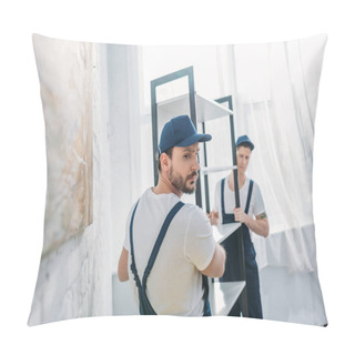 Personality  Two Movers In Uniform Transporting Rack In Apartment With Copy Space Pillow Covers