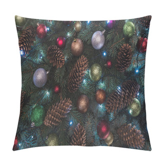 Personality  Close-up View Of Beautiful Christmas Tree With Pine Cones, Colorful Balls And Illuminated Garland  Pillow Covers