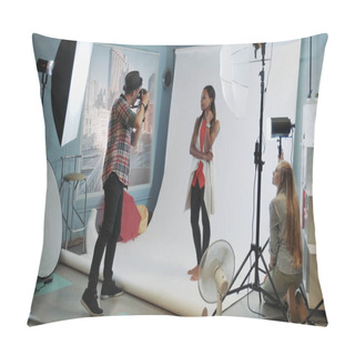 Personality  Backstage Of The Photo Session In Modern Studio: Assistant Adjusting The Spotlight On Photo Shoot Pillow Covers