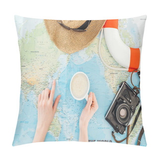 Personality  Cropped View Of Woman With Cup Of Cappuccino, Film Camera, Sunglasses And Straw Hat Pointing With Finger On World Map Pillow Covers