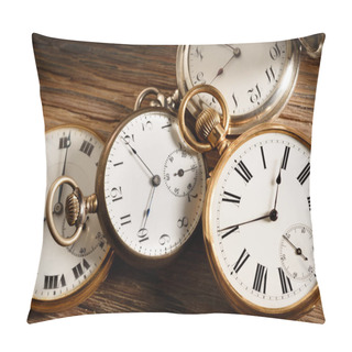 Personality  Vintage Pocket Watches On Aged Wood Table Pillow Covers
