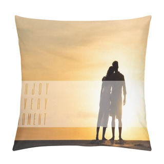 Personality  Silhouettes Of Man And Woman Hugging On Beach Against Sun During Sunset, Enjoy Every Moment Illustration Pillow Covers