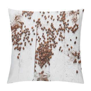 Personality  Coffee Beans Scattered On White Wooden Surface With Glass Jar Pillow Covers