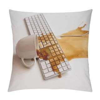 Personality  Spilled Black Coffee On A Computer Keyboard At A White Table Pillow Covers