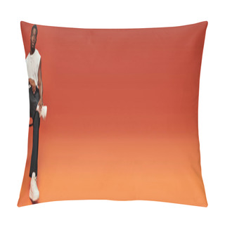 Personality  African American Guy In Trendy Street Wear Sitting On Chair On Red And Orange Backdrop, Banner Pillow Covers