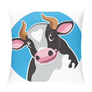 Personality  Cartoon Head Of Black Spotted Cow In Circle Shape .Cartoon Icon, Logo , Emblem , Sticker On Blue Background. Vector Illustration Pillow Covers