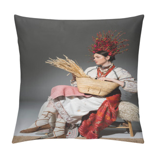 Personality  Full Length Of Pretty Ukrainian Woman In Traditional Clothes And Red Wreath With Flowers Holding Bag With Wheat On Dark Grey Pillow Covers