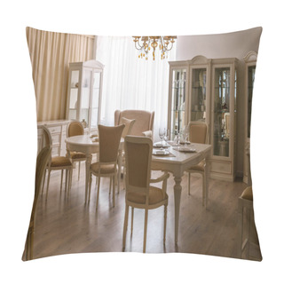 Personality  Dining Room In Light Tones With Table And Chairs Pillow Covers