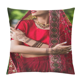 Personality  Cropped View Of Young Indian Bride In Red Sari And Headscarf With Ornament  Pillow Covers