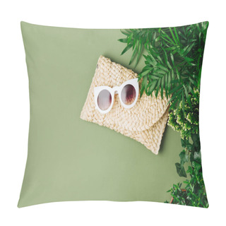 Personality  Tropical Leaves And Beach Bag With Sunglasses  On  Green  Background. Top View, Flat Lay. Pillow Covers