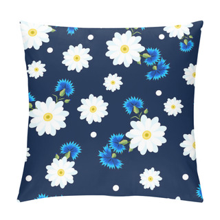 Personality  Seamless Pattern With Small And Big White Daisies And Blue Cornflowers On A White Background. Wild, Flowers.Summer Vector Illustration.Print For Fabric,textile,wrapping Paper. Pillow Covers