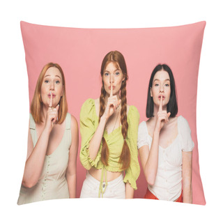 Personality  Body Positive Women Showing Secret Gesture Isolated On Pink  Pillow Covers