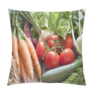 Personality  Many Fresh Spring Organic Vegetables On Planks Gardening Concept Pillow Covers