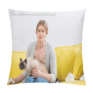 Personality  Upset Woman Holding Napkin And Siamese Cat On Couch  Pillow Covers