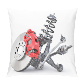 Personality  Car Brake Disk With Car Suspension Elements. Auto Parts On A White Background. 3d Illustration Pillow Covers