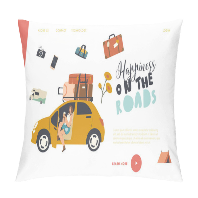 Personality  Car Travel, Journey, Adventure Landing Page Template. Female Character Drink Coffee from Takeaway Cup Sit in Automobile pillow covers