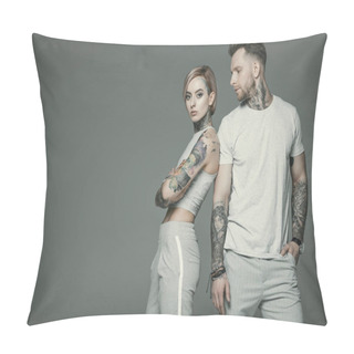 Personality  Stylish Tattooed Couple In Sportswear Posing Together, Isolated On Grey   Pillow Covers