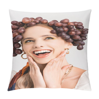 Personality  Rustic Blonde Woman With Grapes On Head Laughing Isolated On White Pillow Covers