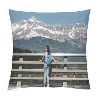 Personality  Back View Of Young Woman With Backpack Standing In Beautiful Scenic Mountains, Mont Blanc, Alps Pillow Covers