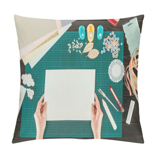 Personality  Cropped Image Of Woman Holding White Sheet Of Paper In Hands Pillow Covers