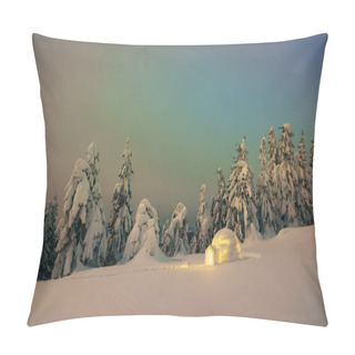 Personality  Igloo Snow In A Mountain Forest. Night View With Snowy Fir Trees. Dreamy Winter Scene Pillow Covers