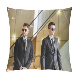 Personality  Security Measures Of Luxury Hotel, Two Handsome Men In Formal Wear And Sunglasses, Bodyguards On Duty, Safety Management, Vigilance, Suits And Ties, Private Security, Strong Guards  Pillow Covers