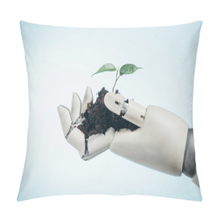 Personality  Robotic Hand With Young Green Plant On Bicolor Background, Earth Day Concept Pillow Covers