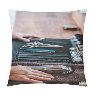 Personality  Cropped View Of Barber Near Hairdressing Equipment  Pillow Covers