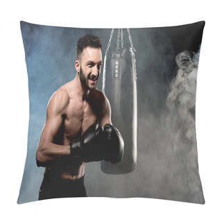 Personality  Angry Boxer Standing In Boxing Pose Near Punching Bag On Black With Smoke Pillow Covers